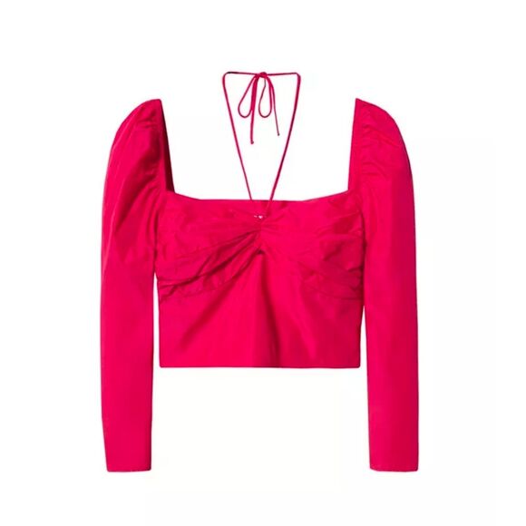 Mango Bright Pink Puff-Sleeved Halter Cropped Blouse Size 4 - Picture 1 of 12